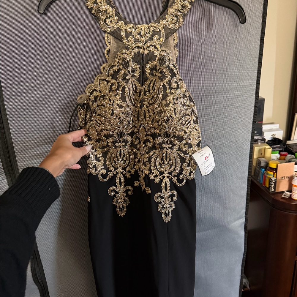 Cache Black Dress with Gold Detailing